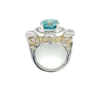 Vintage Retro Style 8 Carat Oval Cut Blue Zircon with Diamond Halo in Platinum & 18K Gold Filigree Set Ring – Assay Jewelers