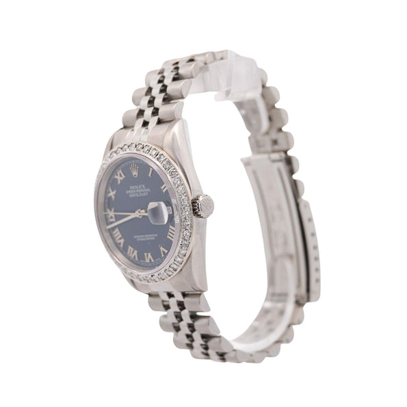 Vintage Rolex Datejust 36mm Blue Dial Diamond Bezel Watch