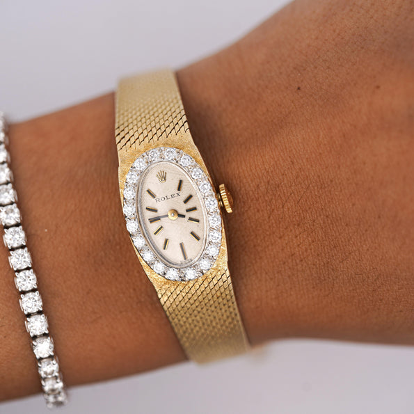 Vintage Rolex Precision 14K Yellow Gold Diamond Bezel Oval Manual Wind Watch
