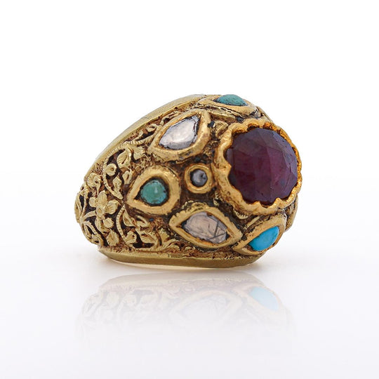 Vintage Ruby Rose Cut Diamond & Turquoise 18K Gold Ring