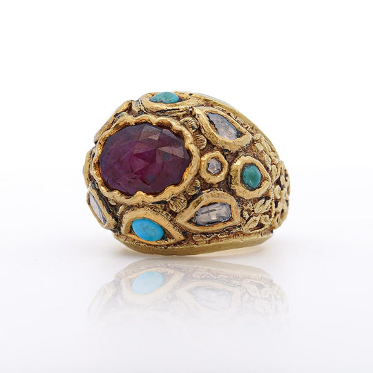 Vintage Ruby Rose Cut Diamond & Turquoise 18K Gold Ring