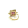 Vivid Pink 7 Carat Radiant Cut Tourmaline Ring with Round Diamond Halo in 18K Gold