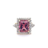 Vivid Pink 7 Carat Radiant Cut Tourmaline Ring with Round Diamond Halo in 18K Gold