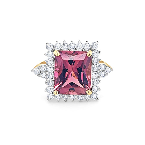 Vivid Pink 7 Carat Radiant Cut Tourmaline Ring with Round Diamond Halo in 18K Gold