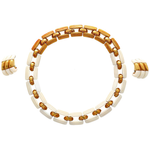 White Agate & 18K Yellow Gold Earring & Link Necklace Jewelry Set