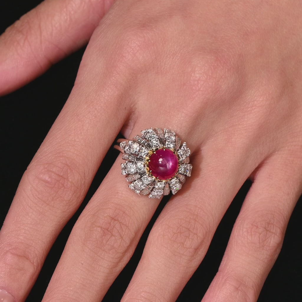 3.04 Carat Star Ruby No-Heat Burma & Diamond 18K Gold Sunburst Ring