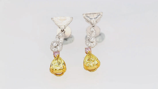 Fancy Vivid Yellow, Pink Diamond and GIA Diamond 18K Earrings