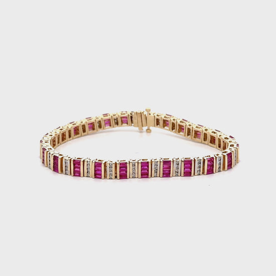 6 Carat Baguette-Cut Ruby & Diamond 14K Gold Link Bracelet