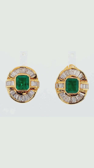 7 Carat Emerald & Baguette Diamond 18K Gold Ballerina Statement Earrings