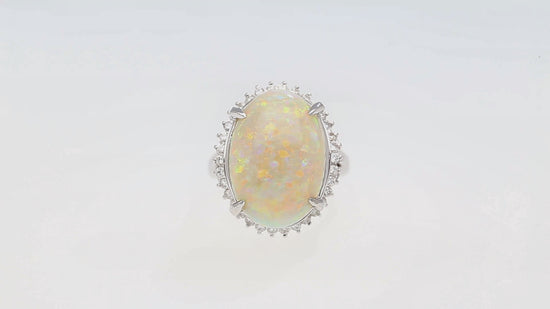 7.86 Carat Natural White Opal and Diamond Halo Platinum Ring