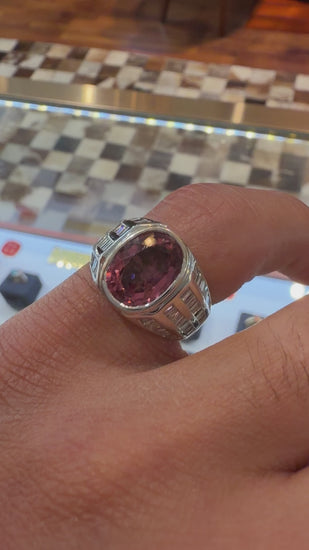 3.59 Carat Oval Pink Tourmaline and Baguette Diamond 18K White Gold Unisex Ring