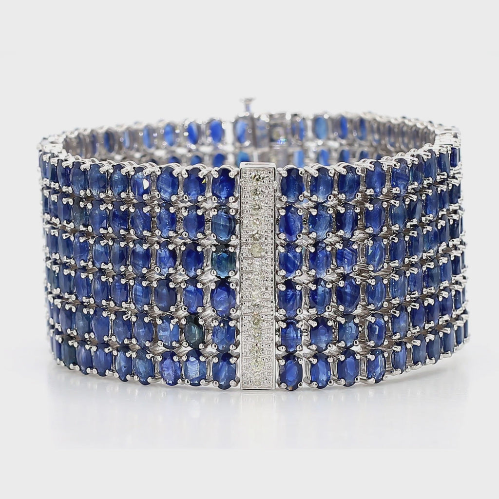 110 Carat Blue Sapphire & Diamond 14K White Gold Six Row Wide Wrap Bracelet