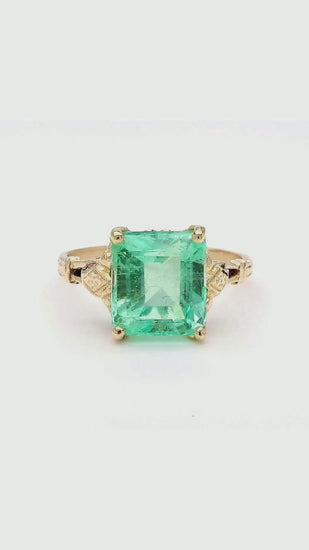 3.18 Carat Light Green Emerald Milgrain Vintage 14K Gold Ring
