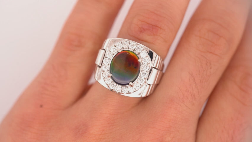 Ammolite & Diamond Halo in 14K White Gold Men's Statement Ring