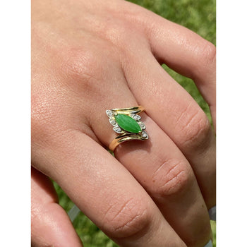 Marquise cut Jadeite Jade Ring with Natural Diamonds in 18k Solid yellow Gold – Assay Jewelers